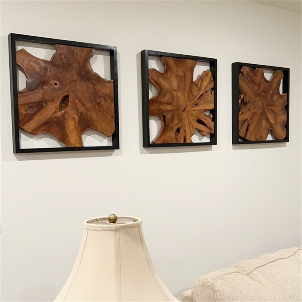 Handmade Teak Wood Wall Sculpture, 17 x 17 in Live Edge Decor – Brown