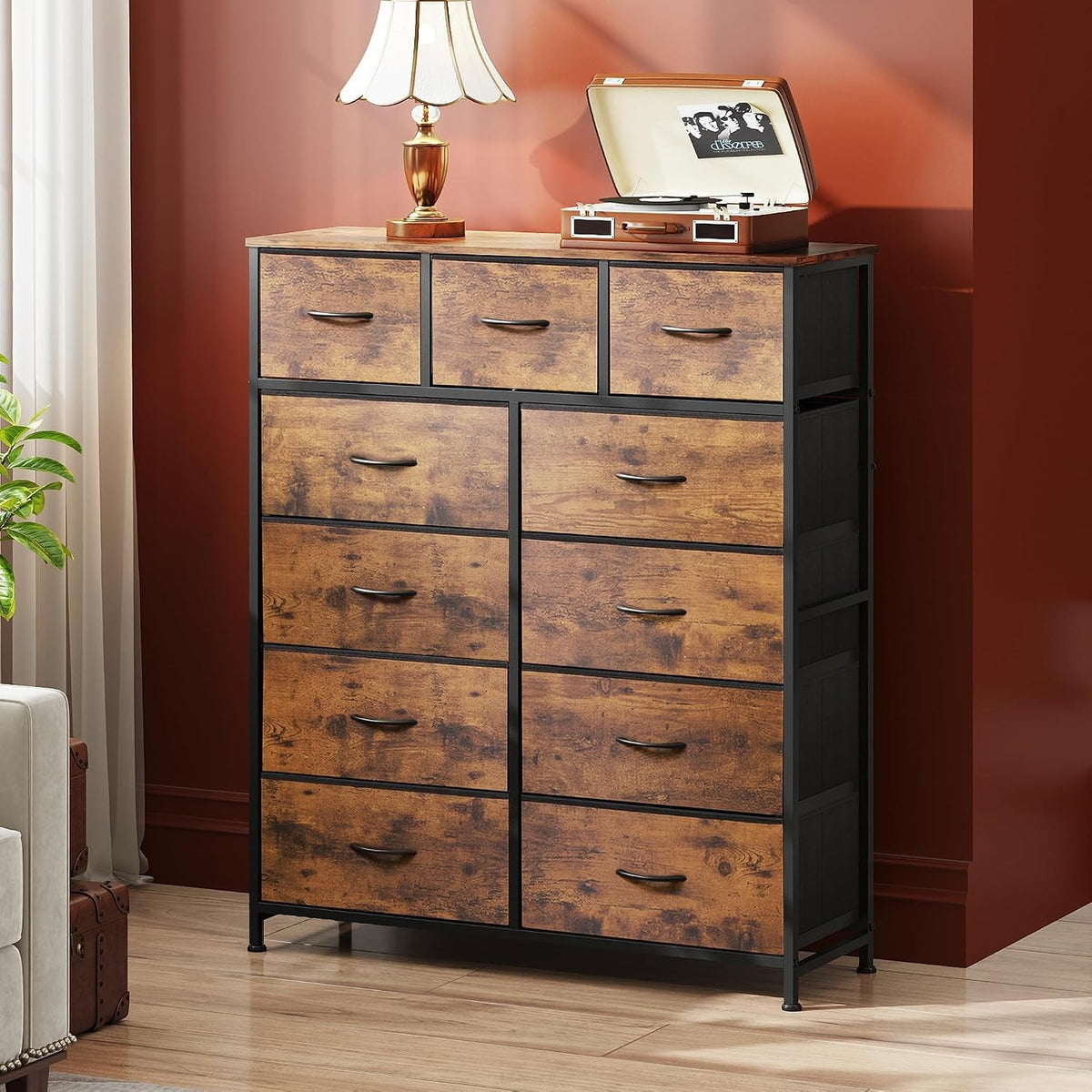 11-Drawer Tall Fabric Dresser with Wood Top, Rustic Brown – product detail 2