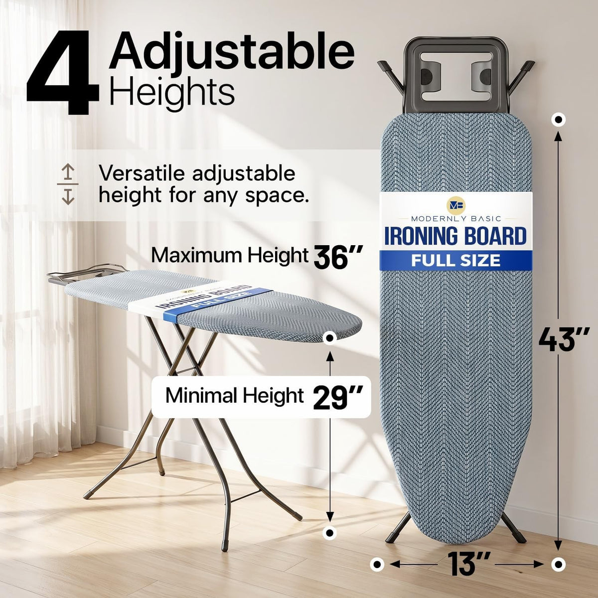 Folding Ironing Board 43 x 13 in with Adjustable Height and Iron Rest – product detail 2