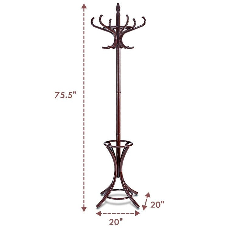 Wooden Freestanding Coat Rack with 12 Hooks and Umbrella Stand, Brown – product detail 4