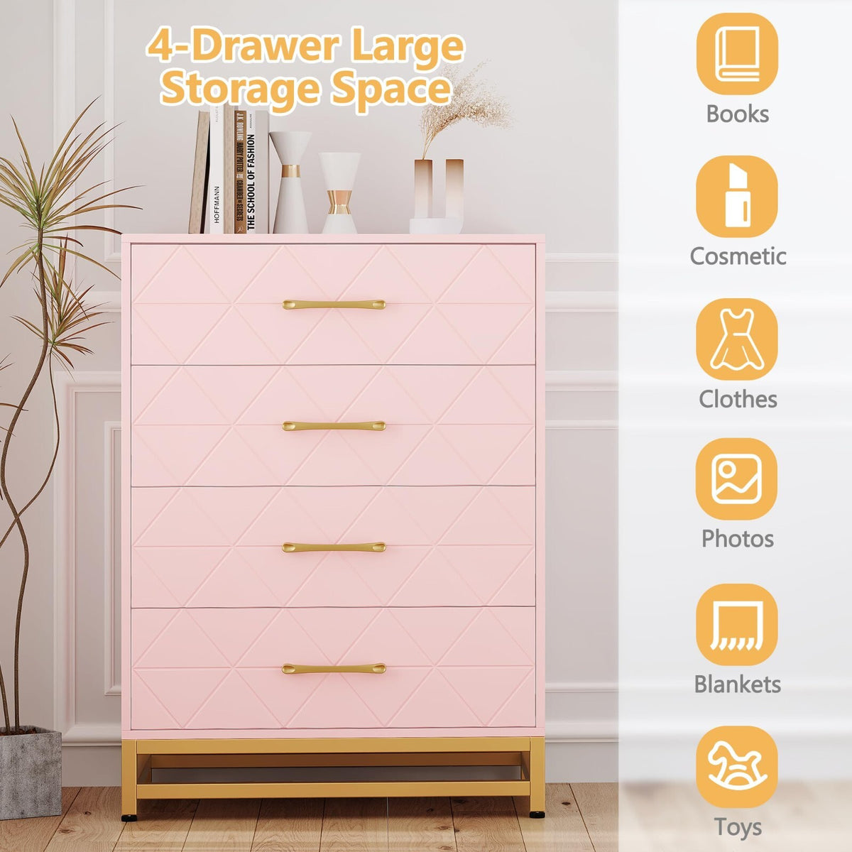 4-Drawer Engineered-Wood Dresser with Metal Legs, Bedroom Storage Chest – product detail 6