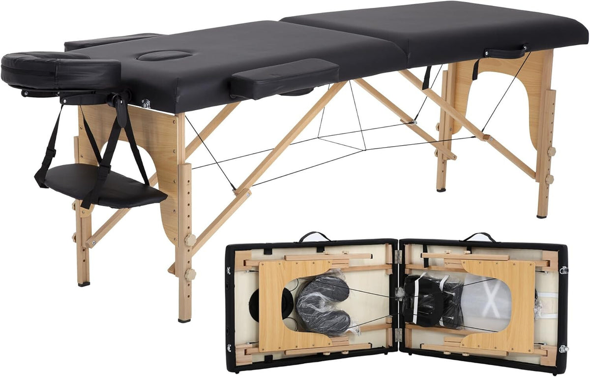 Portable Folding Massage Table 73 x 24 in with Carry Case, Adjustable Height – Black