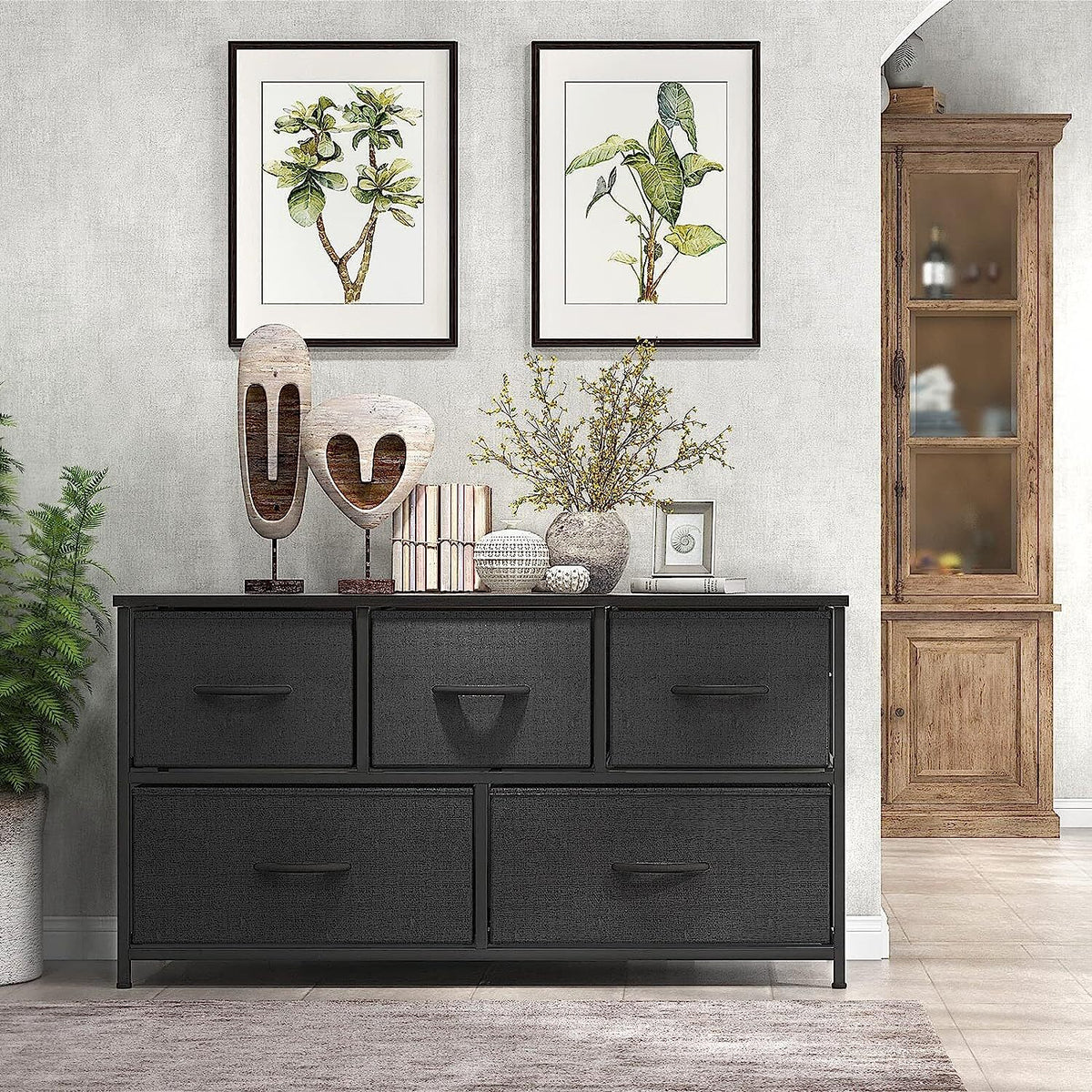 5-Drawer Fabric Dresser with Wood Top, Black Bedroom Storage Chest – product detail 3