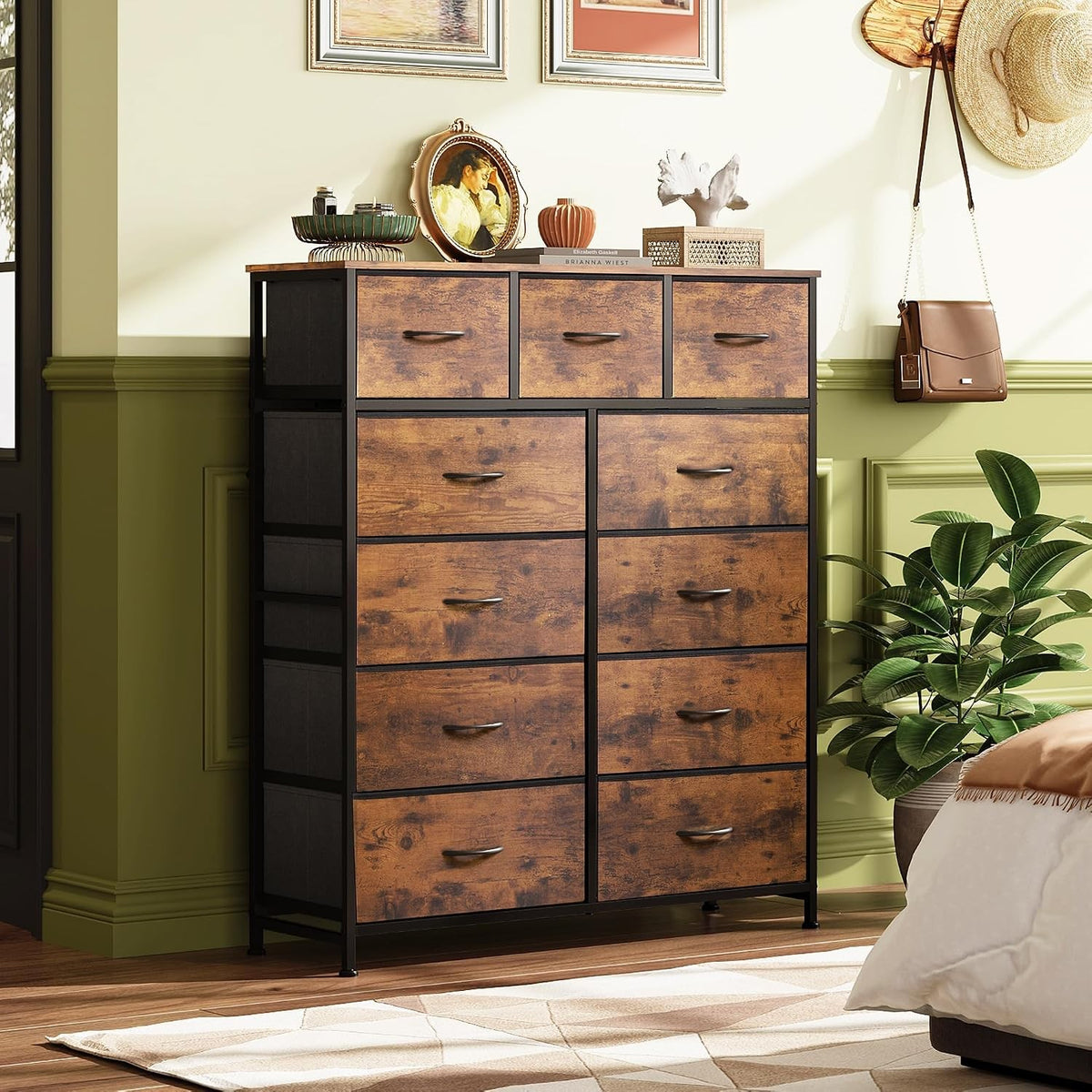 11-Drawer Tall Fabric Dresser with Wood Top, Rustic Brown – product detail 4