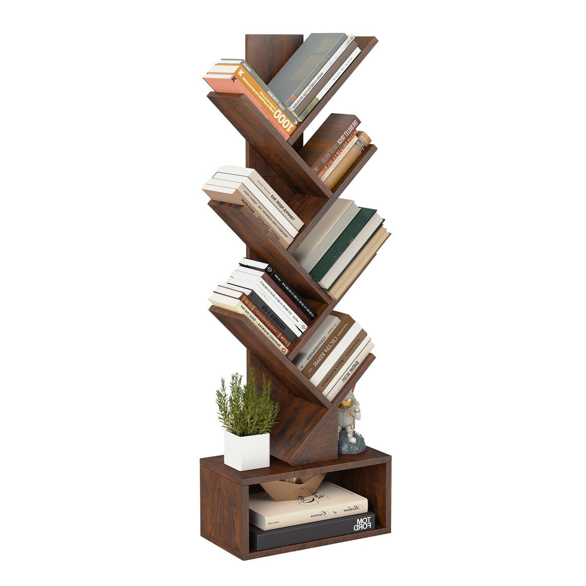 7-Tier Tree Bookshelf with Bottom Storage Cabinet, Rustic Brown – Brown