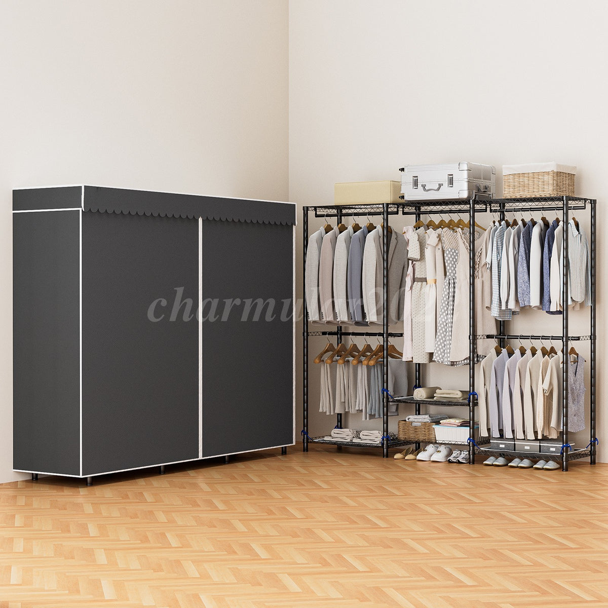 Covered Clothes Rack with 4 Hanging Rods and 8 Storage Tiers, 70 in Wide – product detail 3