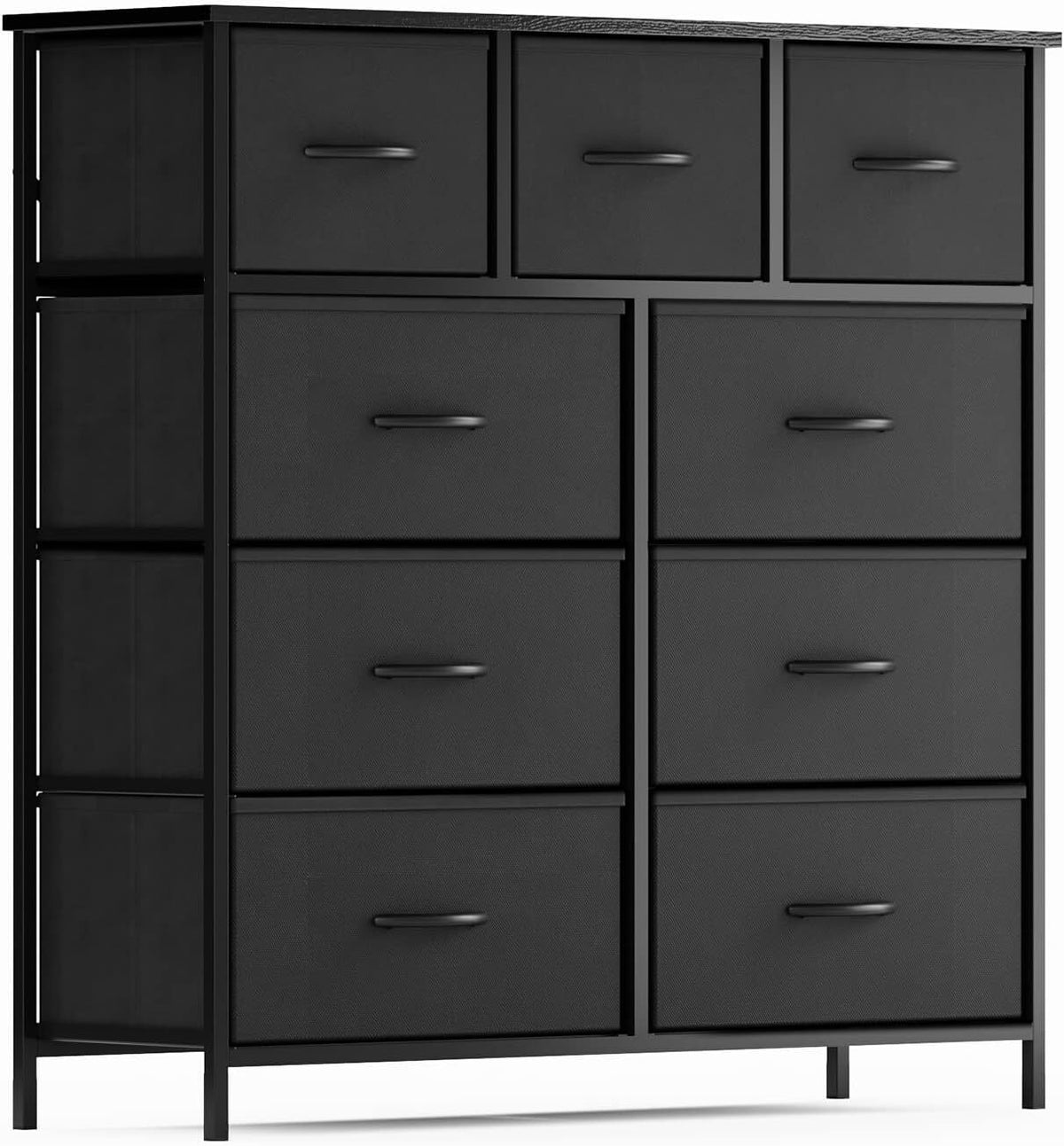 9-Drawer Fabric Dresser with Wood Top and Steel Frame for Bedroom Storage – Black