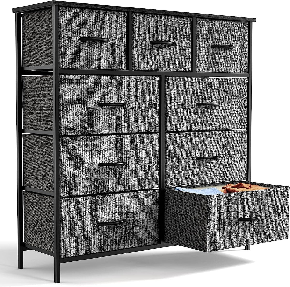 9-Drawer Fabric Dresser with Wood Top and Steel Frame for Bedroom Storage – Grey
