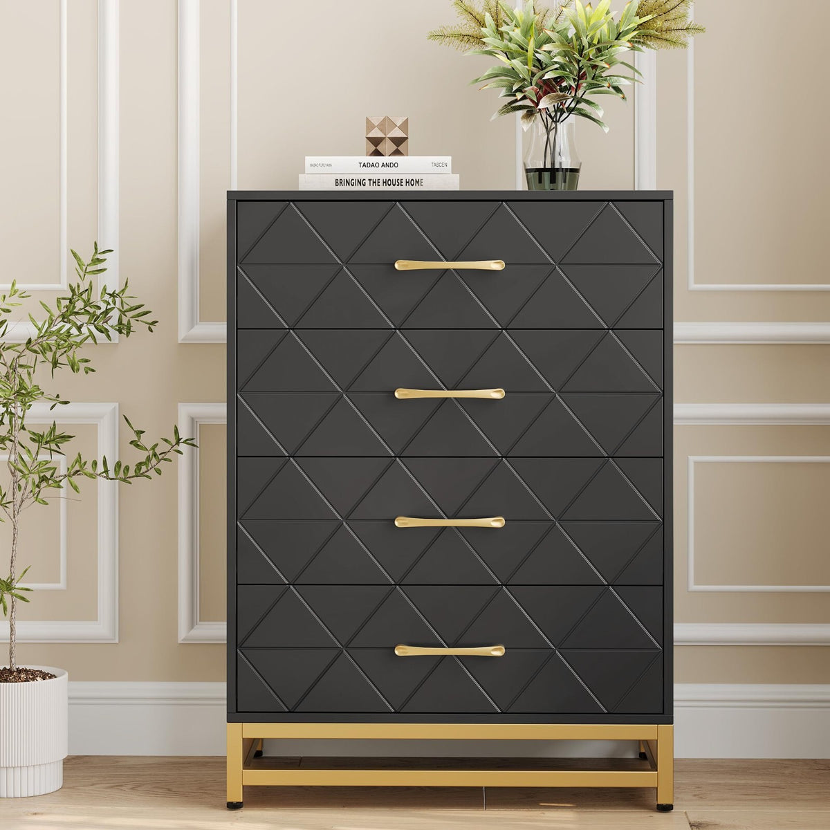 4-Drawer Engineered-Wood Dresser with Metal Legs, Bedroom Storage Chest – Black