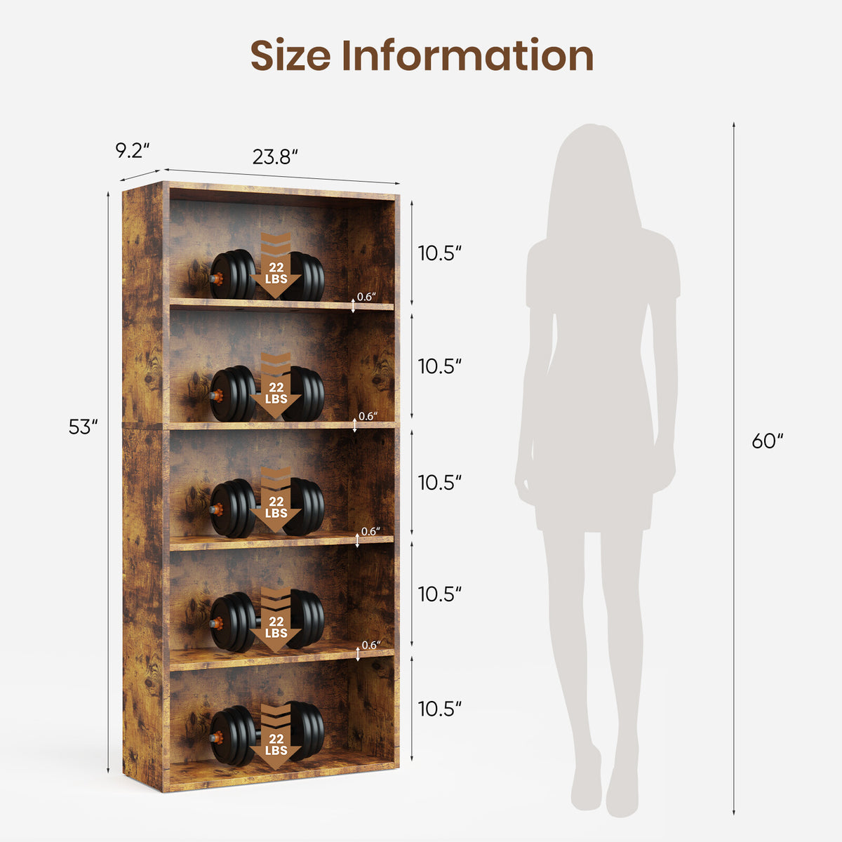 5-Tier Adjustable Bookshelf, 23.8 in Wide Freestanding Storage Bookcase – product detail 6