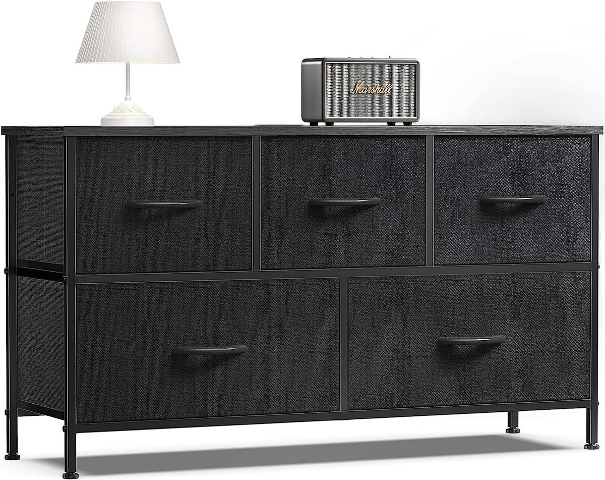 5-Drawer Fabric Dresser with Wood Top, Black Bedroom Storage Chest – Black