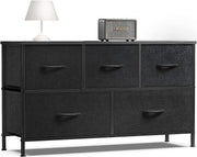 5-Drawer Fabric Dresser with Wood Top, Black Bedroom Storage Chest – Black