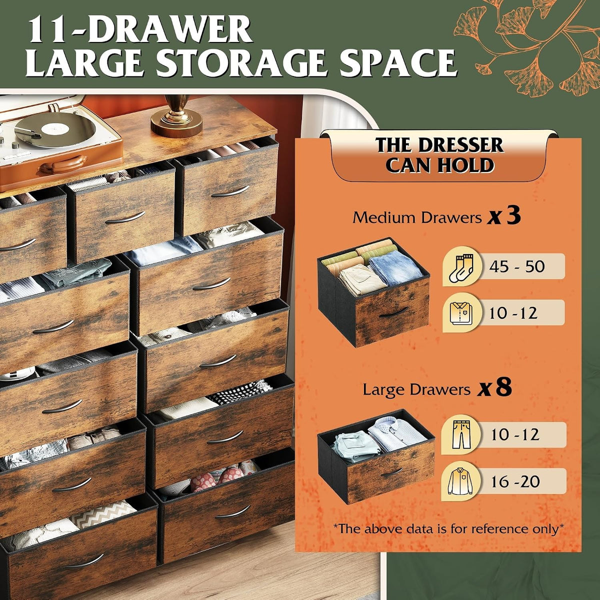 11-Drawer Tall Fabric Dresser with Wood Top, Rustic Brown – product detail 5