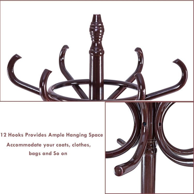 Wooden Freestanding Coat Rack with 12 Hooks and Umbrella Stand, Brown – product detail 6