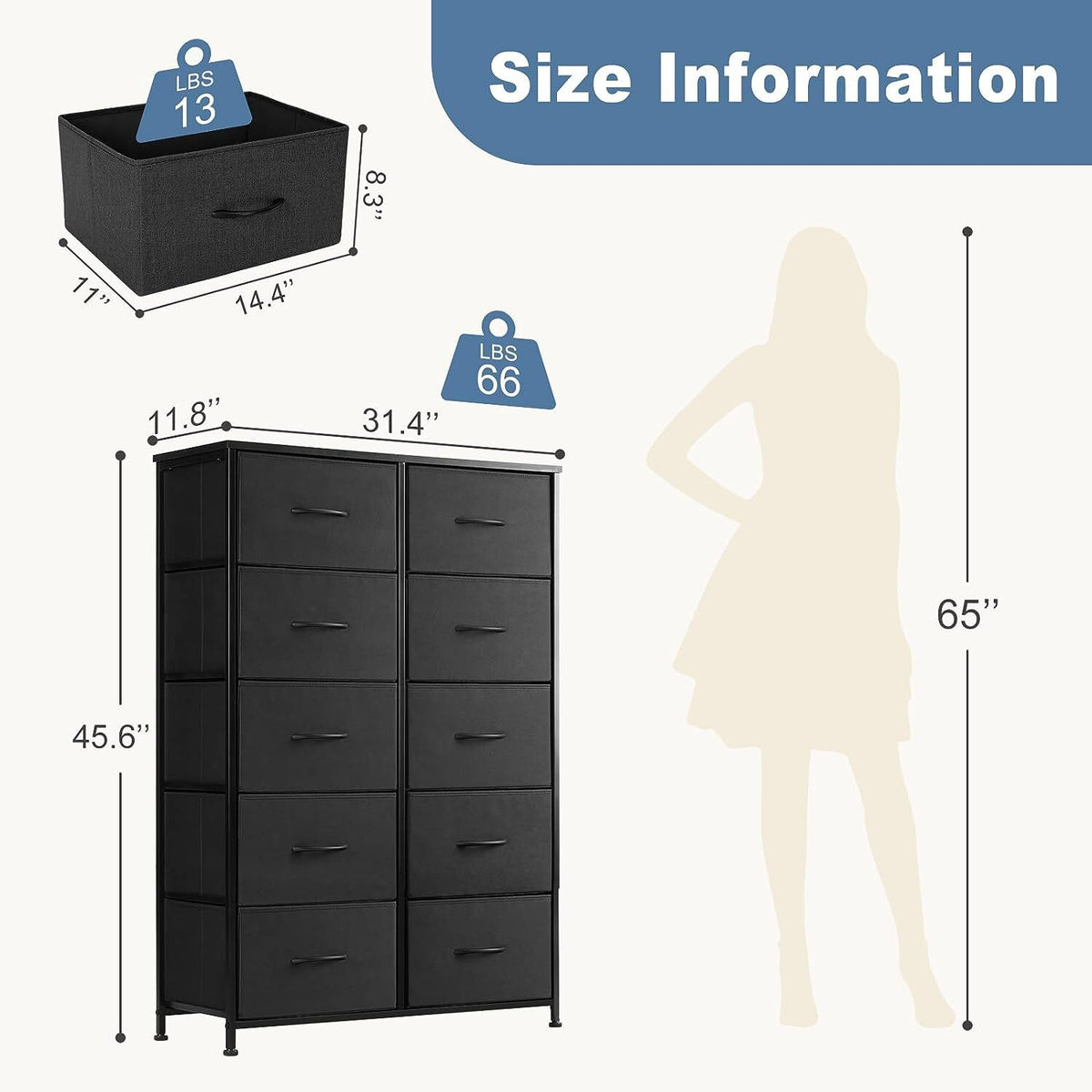 10-Drawer Tall Fabric Dresser with Wood Top and Steel Frame – product detail 5
