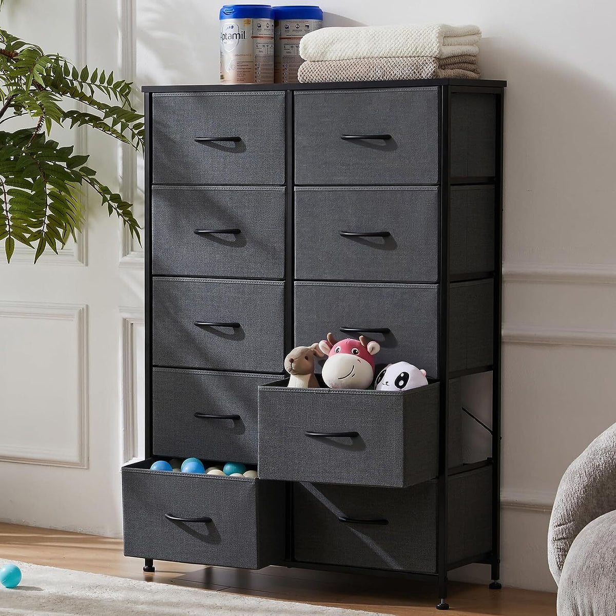 10-Drawer Tall Fabric Dresser with Wood Top and Steel Frame – Grey