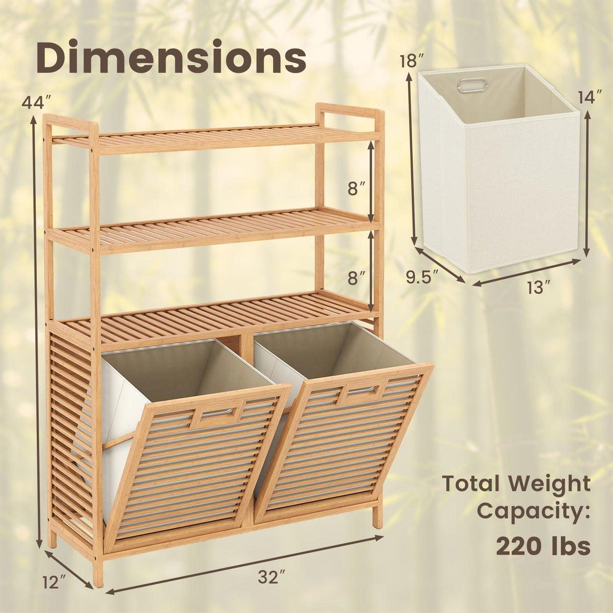 Bamboo Tilt-Out Laundry Hamper Cabinet with 2 Baskets and 3 Shelves – product detail 2