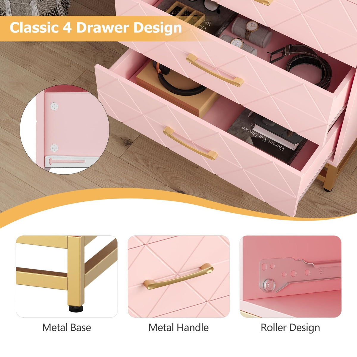4-Drawer Engineered-Wood Dresser with Metal Legs, Bedroom Storage Chest – product detail 5