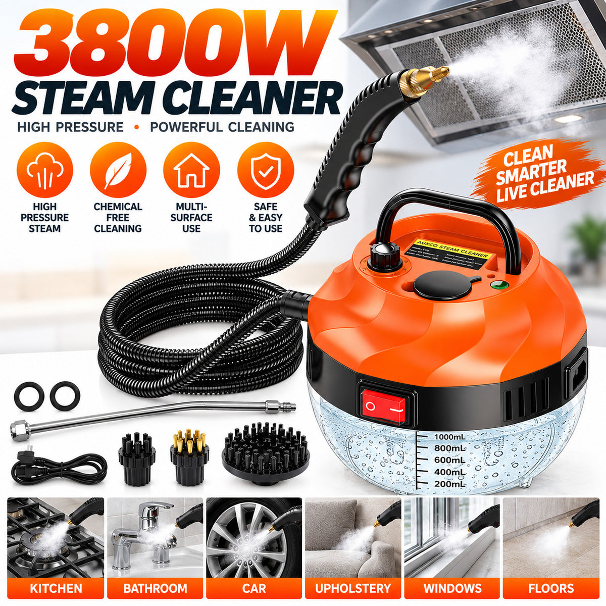 Portable High-Pressure Steam Cleaner, 1 L Tank, 110V Corded – Orange