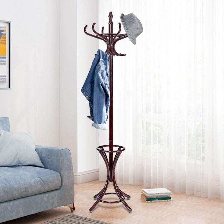 Wooden Freestanding Coat Rack with 12 Hooks and Umbrella Stand, Brown – product detail 2