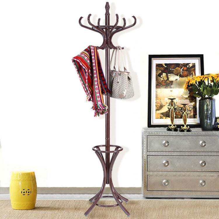 Wooden Freestanding Coat Rack with 12 Hooks and Umbrella Stand, Brown – product detail 3