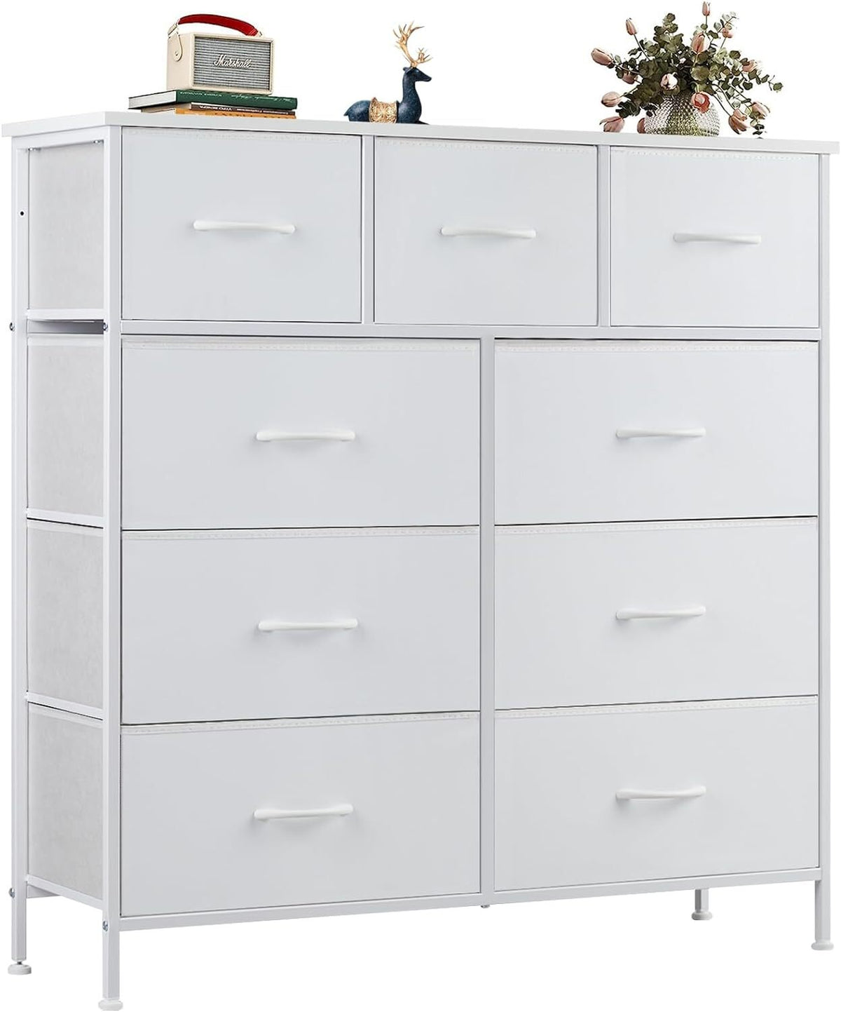 9-Drawer Fabric Dresser with Wood Top and Steel Frame for Bedroom Storage – White