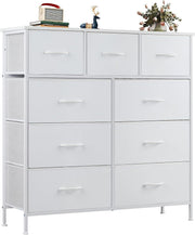 9-Drawer Fabric Dresser with Wood Top and Steel Frame for Bedroom Storage – White