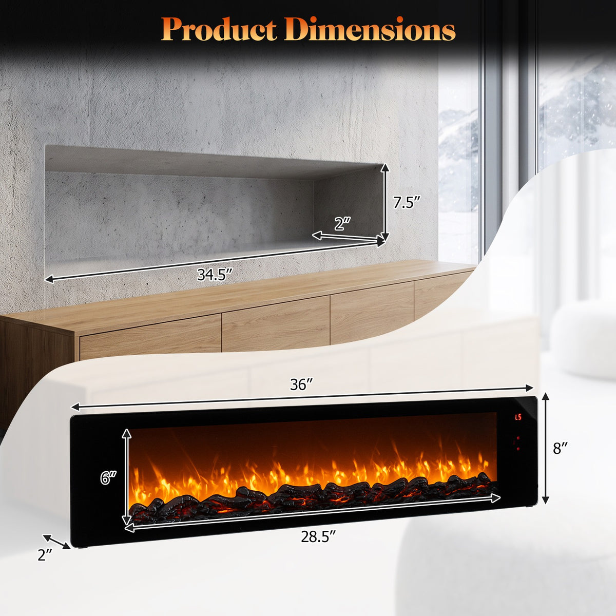 36 in Electric Flame-Effect Fireplace Insert with Remote and Adjustable Brightness – product detail 2