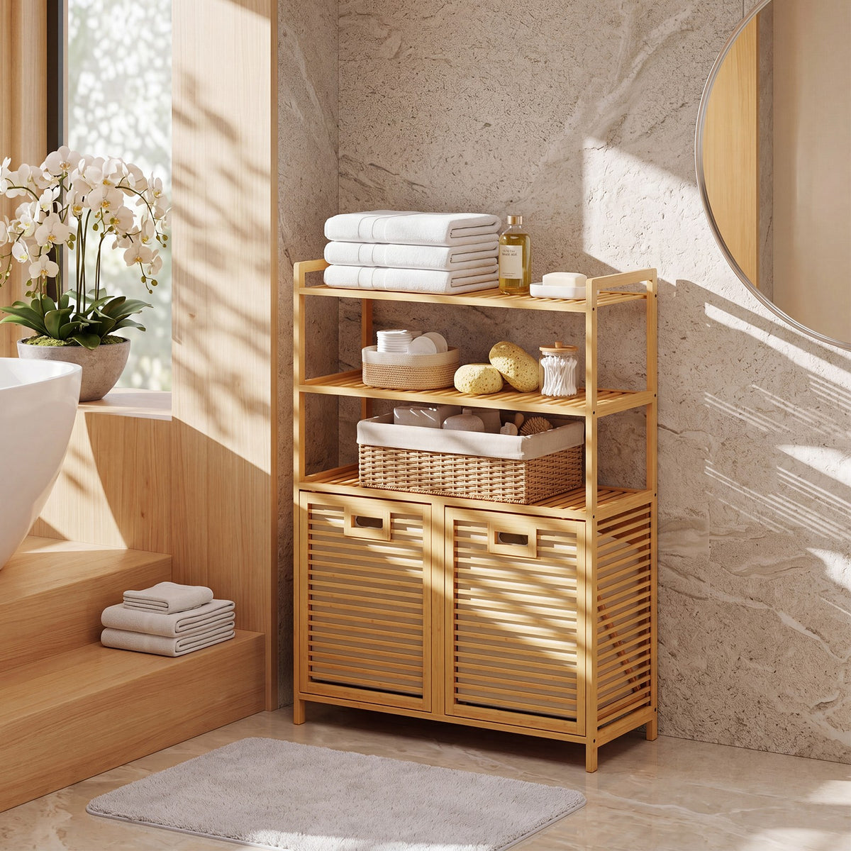 Bamboo Tilt-Out Laundry Hamper Cabinet with 2 Baskets and 3 Shelves – product detail 4