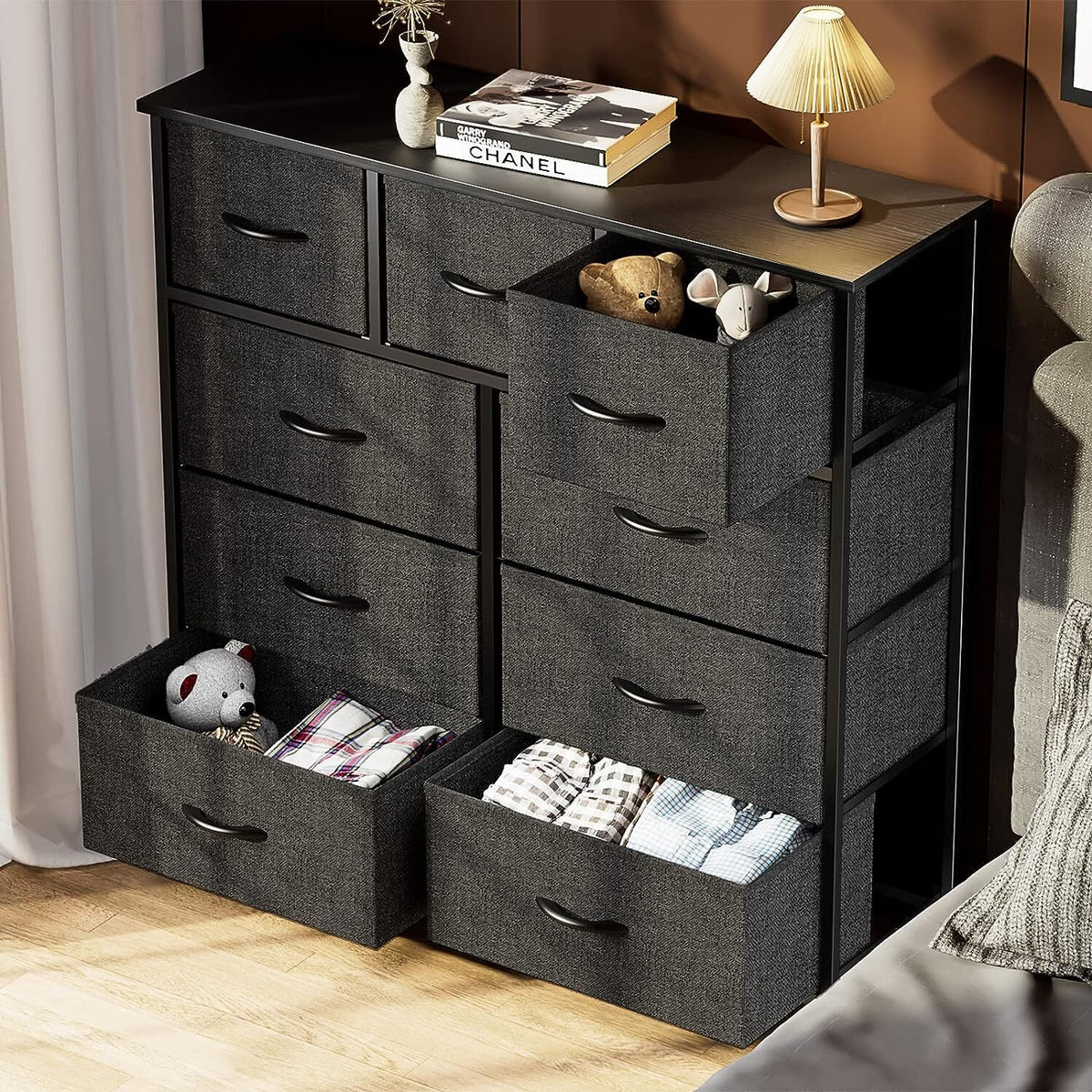 9-Drawer Fabric Dresser with Wood Top and Steel Frame for Bedroom Storage – product detail 5