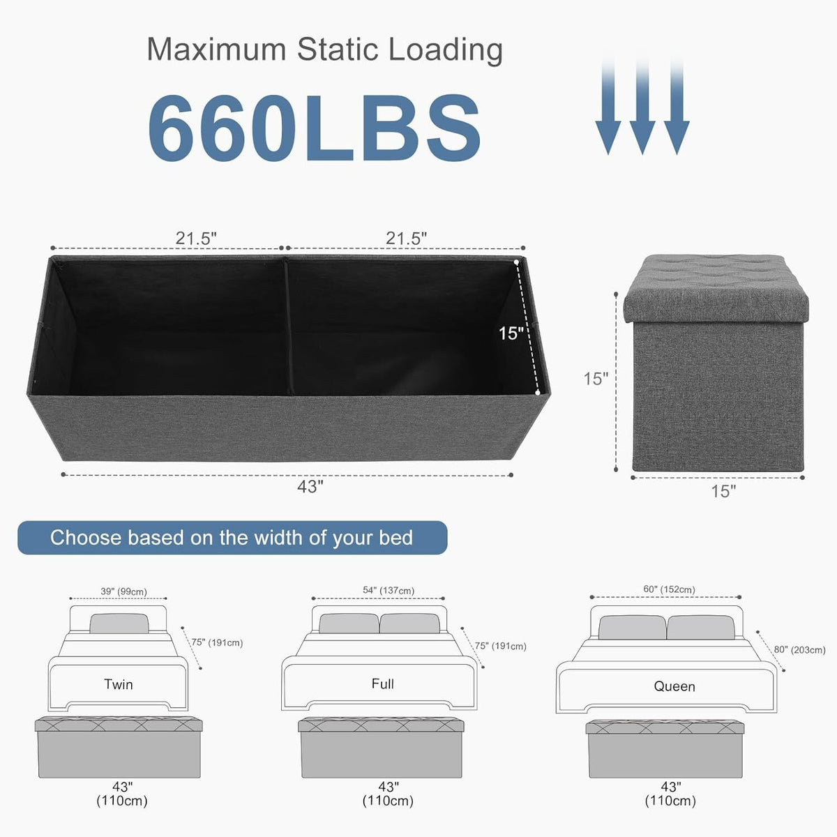 Folding Storage Ottoman Bench with Padded Seat and Removable Lid – 43 Inch