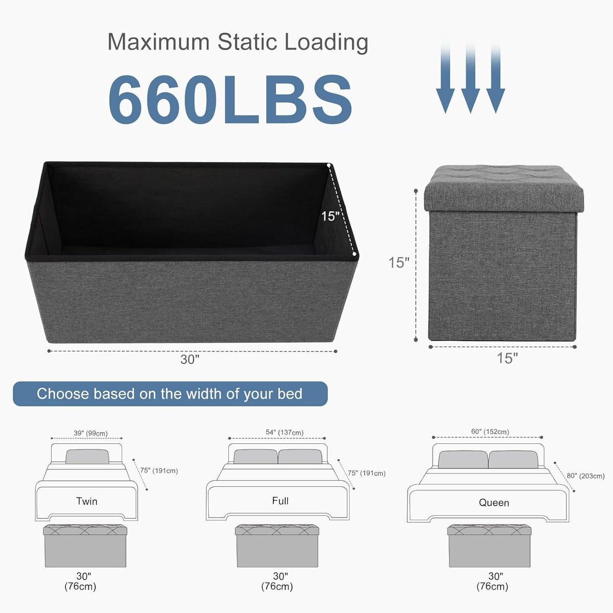 Folding Storage Ottoman Bench with Padded Seat and Removable Lid – 30 Inch