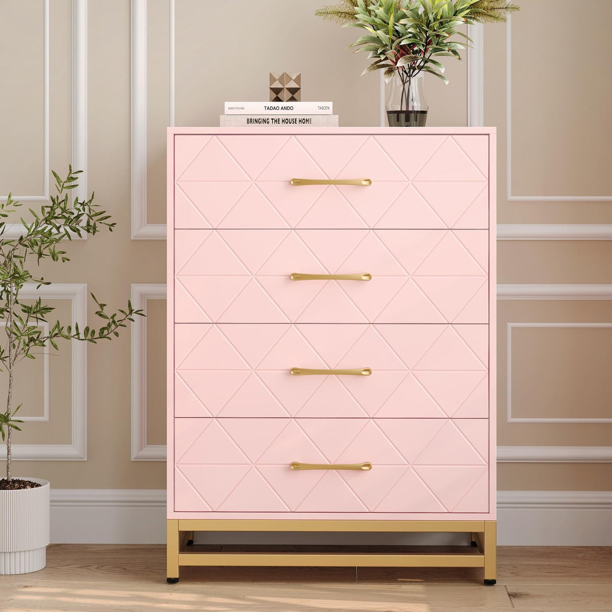 4-Drawer Engineered-Wood Dresser with Metal Legs, Bedroom Storage Chest – Pink