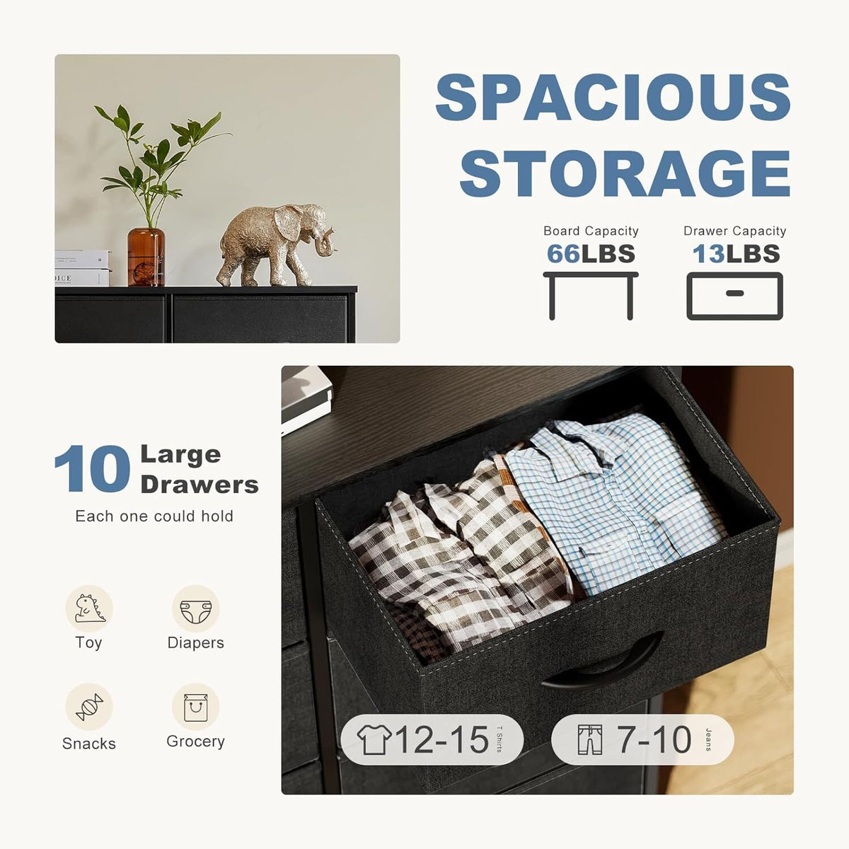 10-Drawer Tall Fabric Dresser with Wood Top and Steel Frame – product detail 6