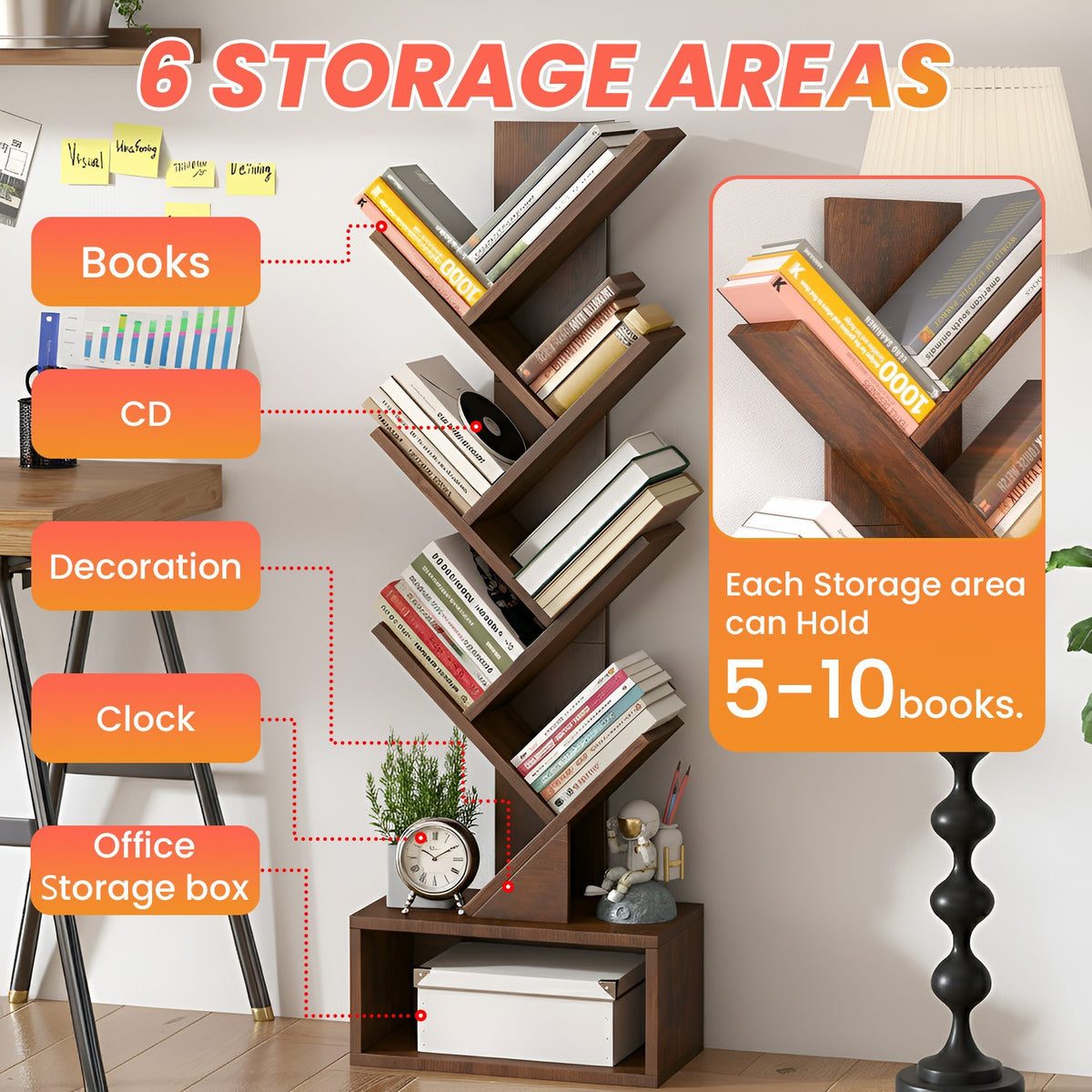 7-Tier Tree Bookshelf with Bottom Storage Cabinet, Rustic Brown – product detail 2