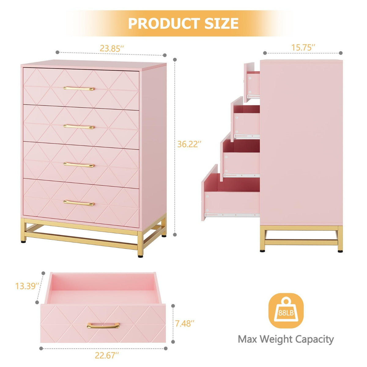 4-Drawer Engineered-Wood Dresser with Metal Legs, Bedroom Storage Chest – product detail 4