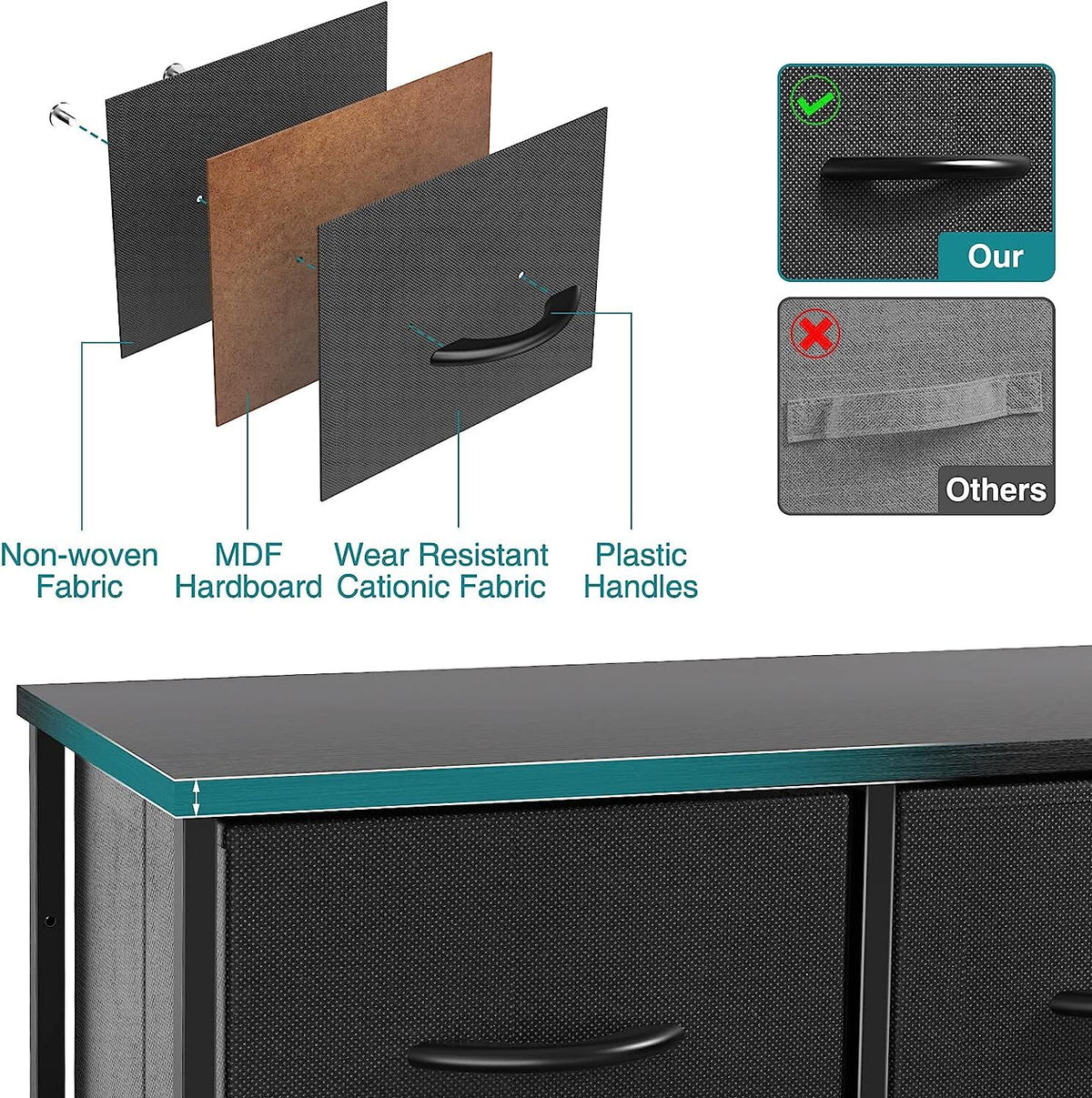5-Drawer Fabric Dresser with Wood Top, Black Bedroom Storage Chest – product detail 6