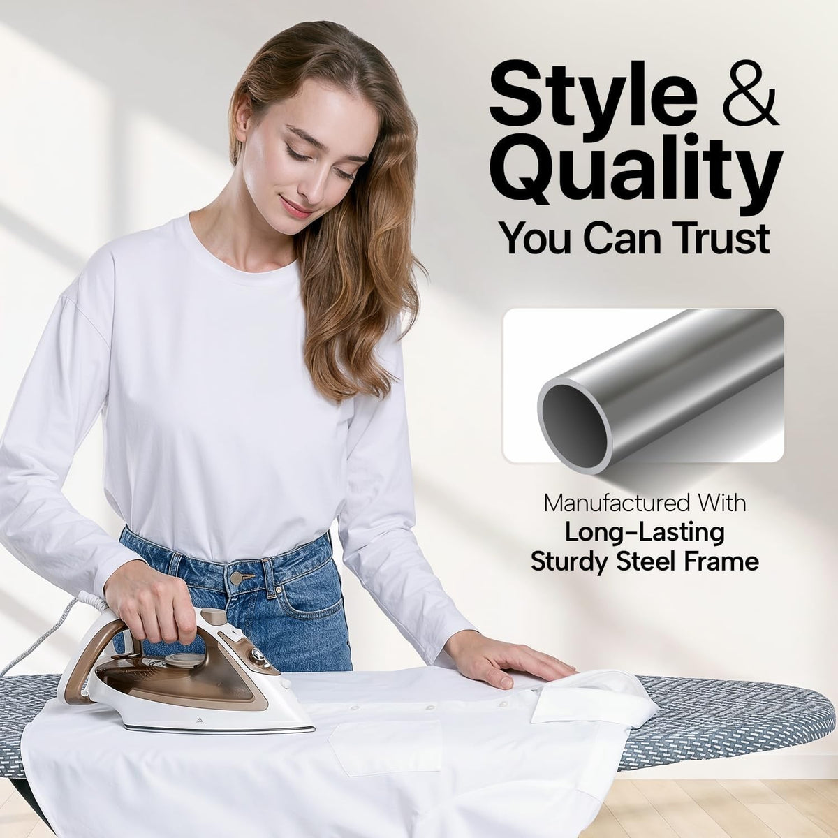 Folding Ironing Board 43 x 13 in with Adjustable Height and Iron Rest – product detail 3