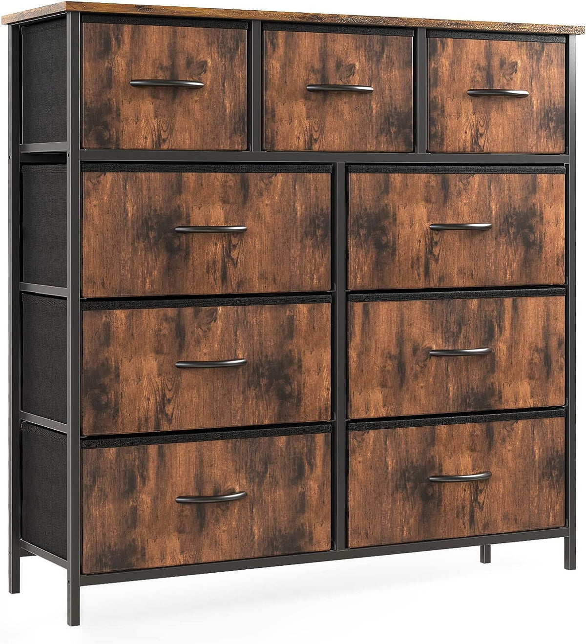 9-Drawer Fabric Dresser with Wood Top and Steel Frame for Bedroom Storage – Rust Brown