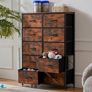 10-Drawer Tall Fabric Dresser with Wood Top and Steel Frame – Rust Brown