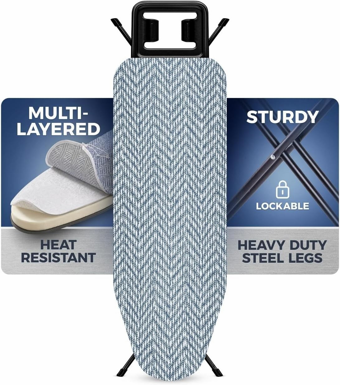 Folding Ironing Board 43 x 13 in with Adjustable Height and Iron Rest – Gray
