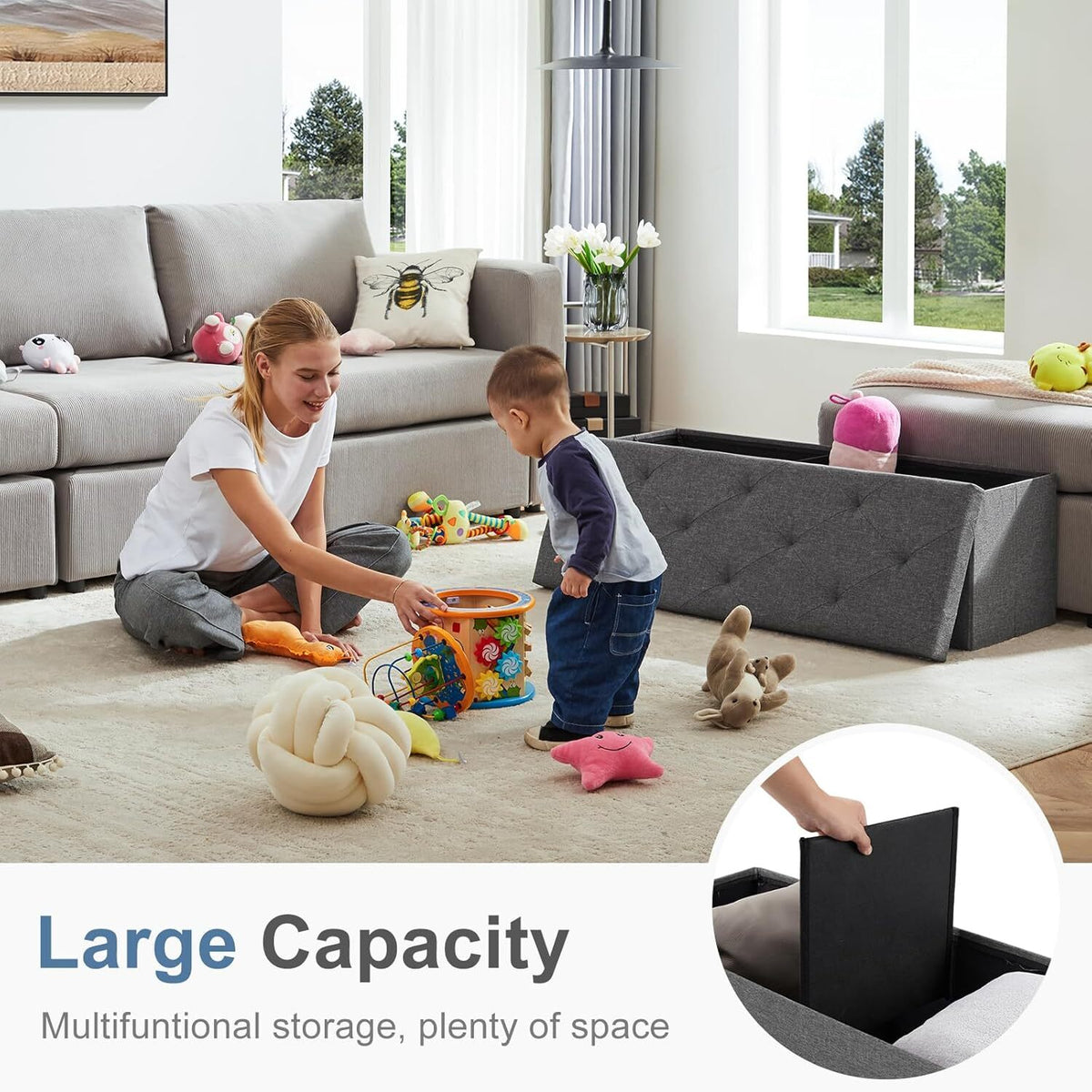 Folding Storage Ottoman Bench with Padded Seat and Removable Lid – product detail 4