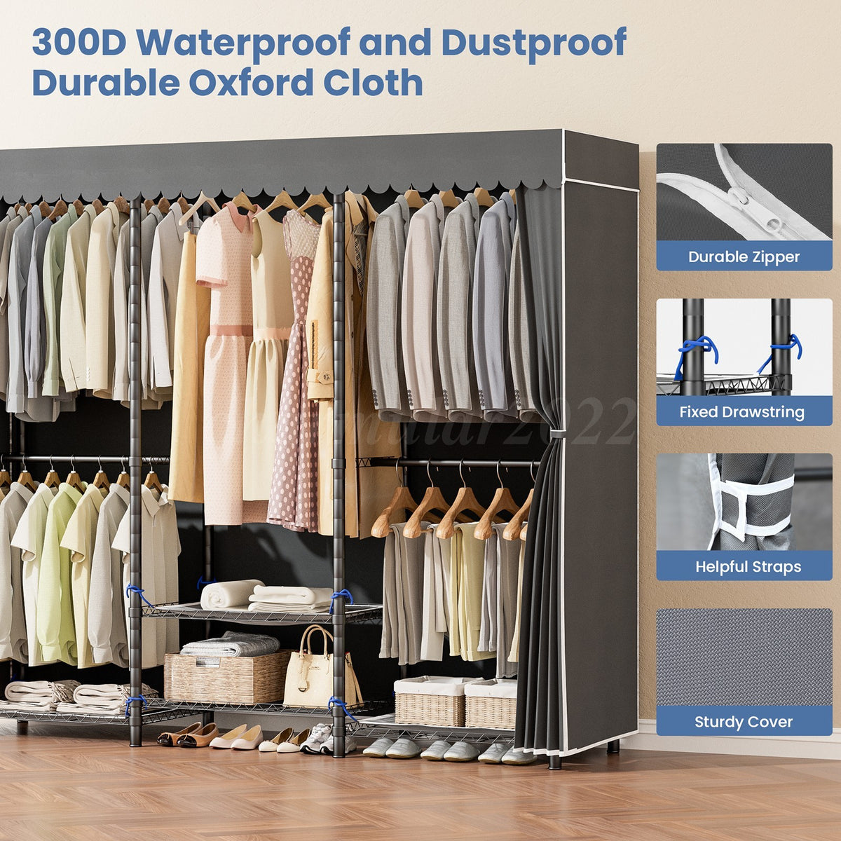 Freestanding Metal Clothes Rack with Adjustable Storage and Fabric Cover, 70 in Wide – product detail 3
