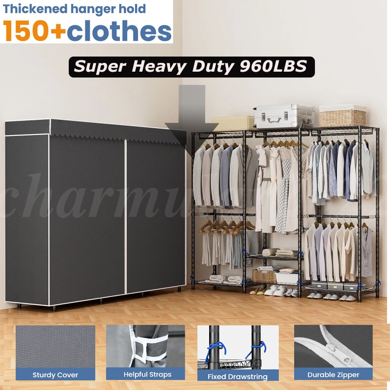 Covered Clothes Rack with 4 Hanging Rods and 8 Storage Tiers, 70 in Wide – 