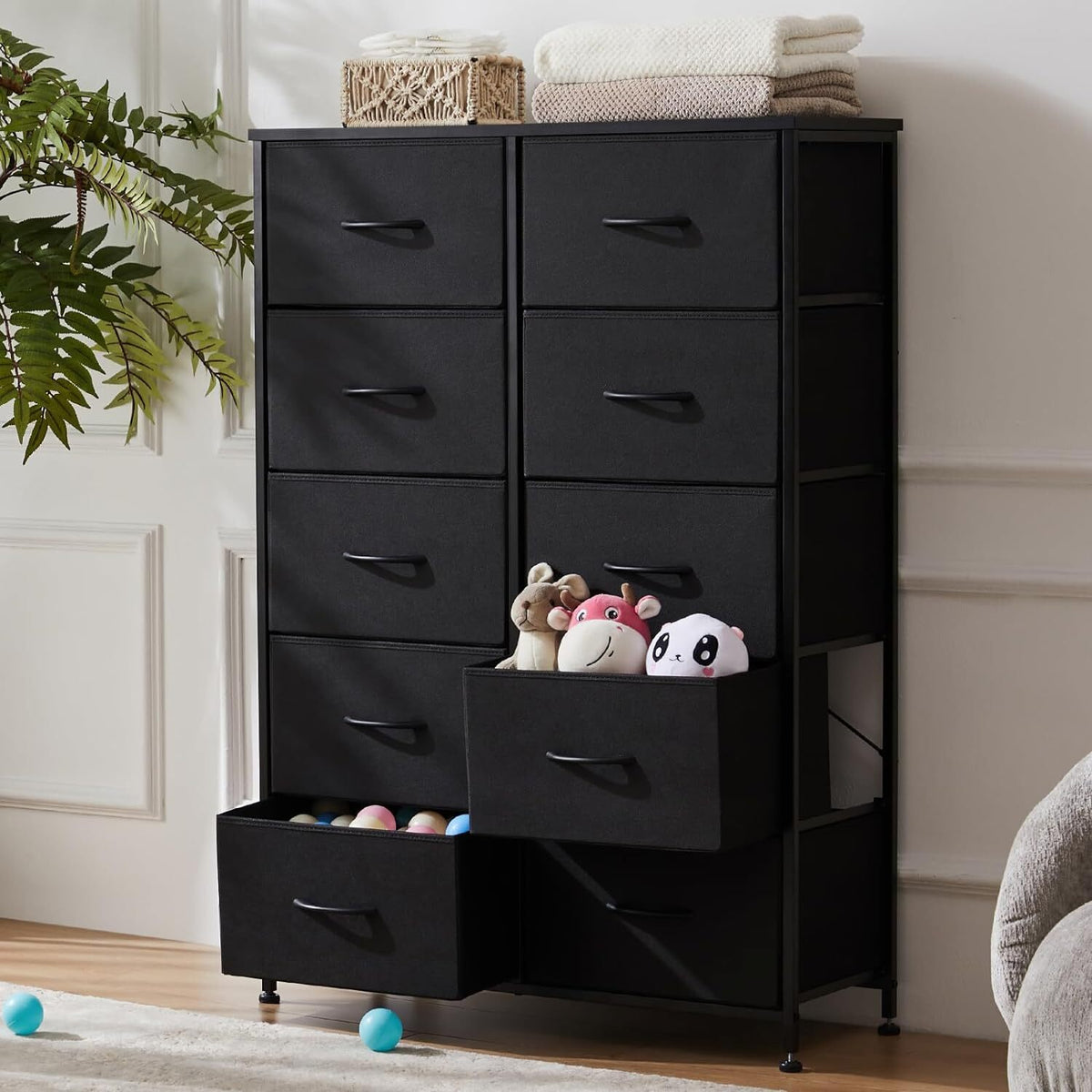 10-Drawer Tall Fabric Dresser with Wood Top and Steel Frame – Black