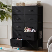 10-Drawer Tall Fabric Dresser with Wood Top and Steel Frame – Black