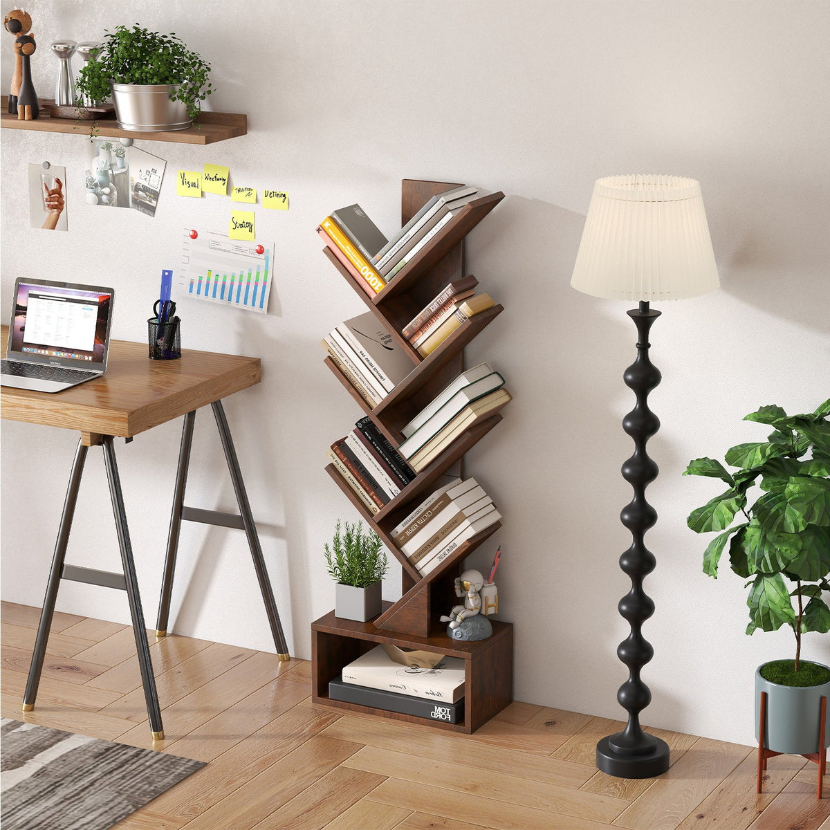 7-Tier Tree Bookshelf with Bottom Storage Cabinet, Rustic Brown – product detail 5