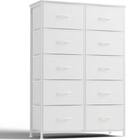 10-Drawer Tall Fabric Dresser with Wood Top and Steel Frame – White