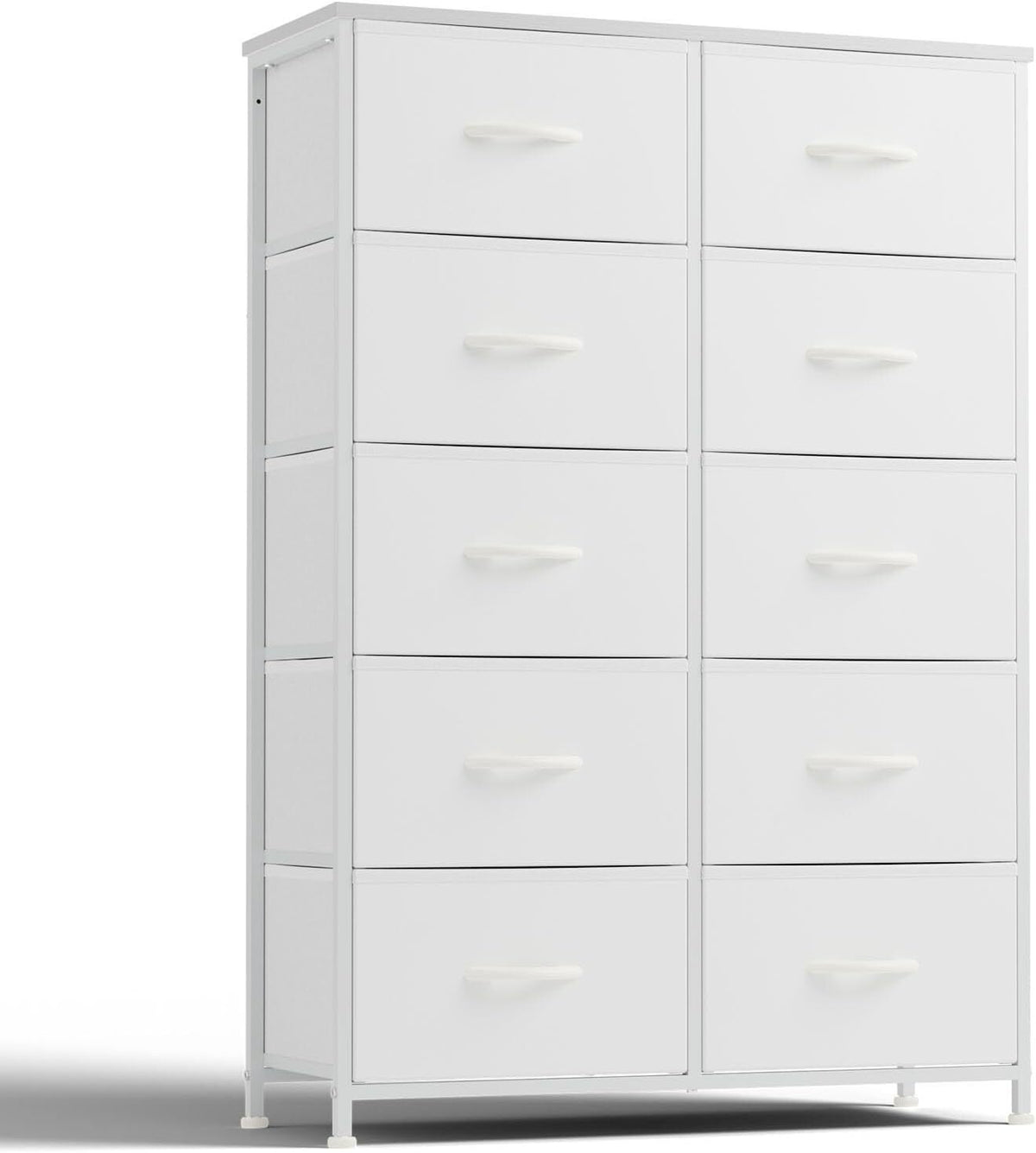 10-Drawer Tall Fabric Dresser with Wood Top and Steel Frame – White