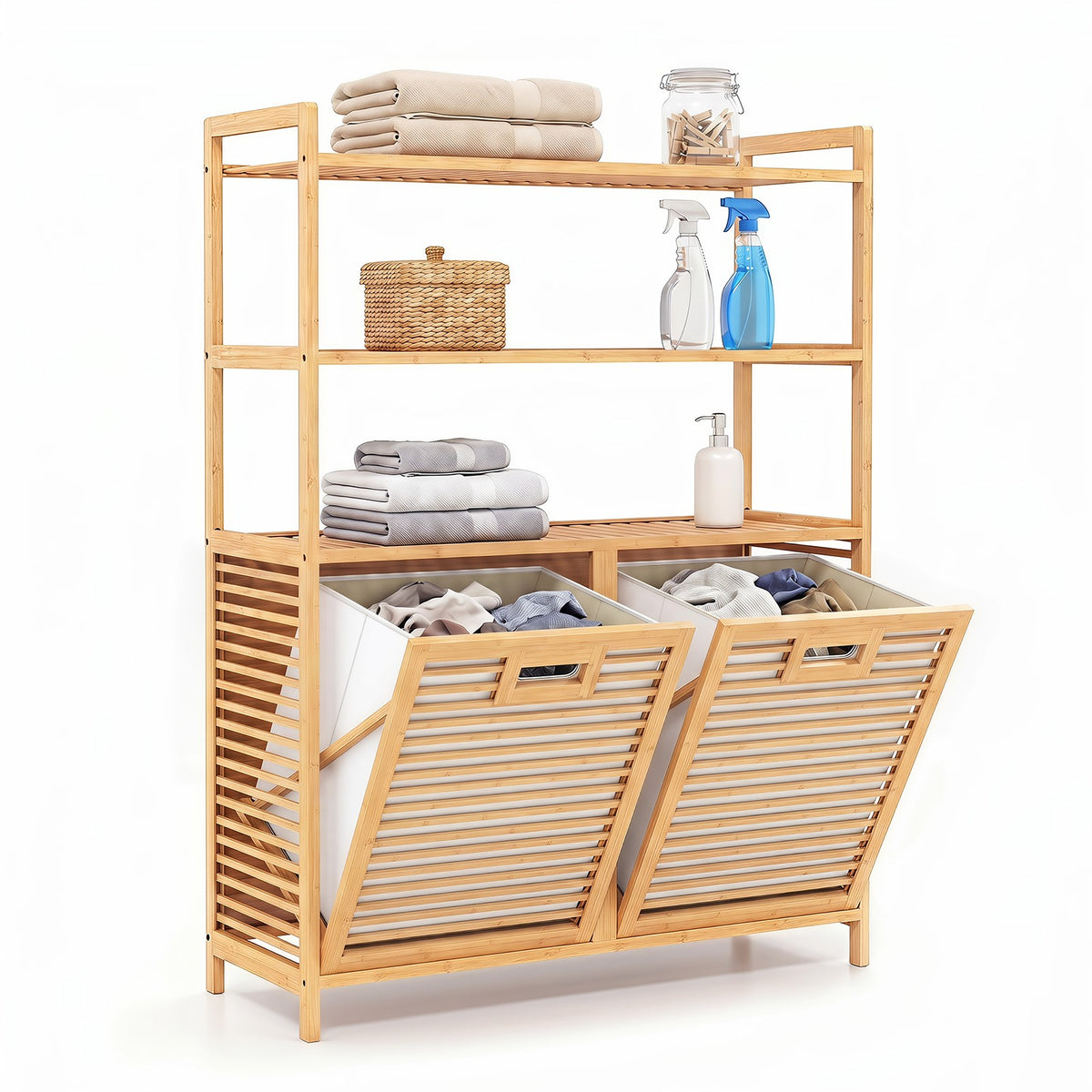 Bamboo Tilt-Out Laundry Hamper Cabinet with 2 Baskets and 3 Shelves – Natural